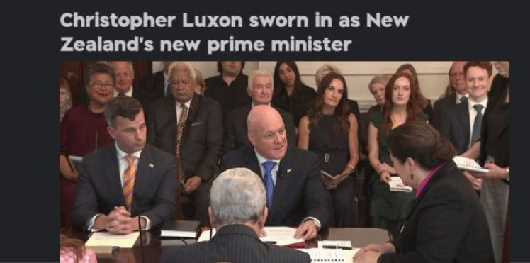 新西兰新一届政府宣誓就职 克里斯托弗·拉克森任总理