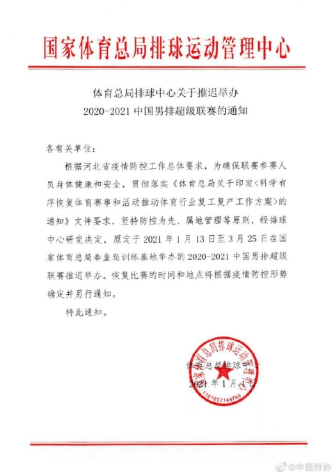 据河北省疫情防控要求 2020-21男排联赛推迟