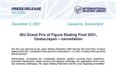国际滑联宣布取消花样滑冰大奖赛总决赛