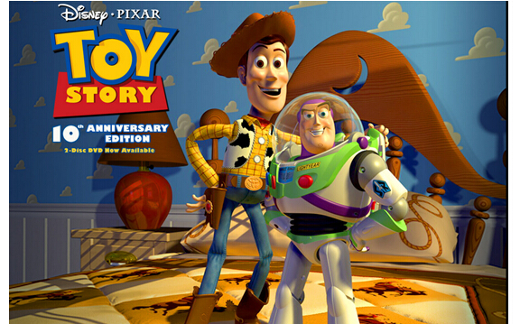 牛仔警长胡迪和太空骑警巴斯光年相拥纪念<玩具总动员>出品十周年。