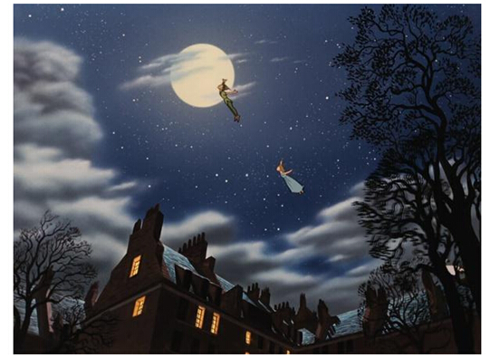 皓月当空，繁星点点，彼得·潘带着温蒂飞向他们心中的梦幻岛。
