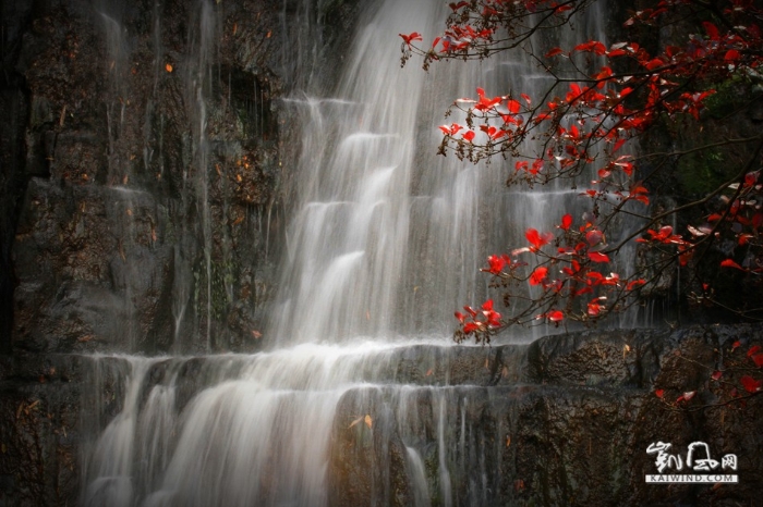 红叶映村下的瀑布，狂野中略带婉约。