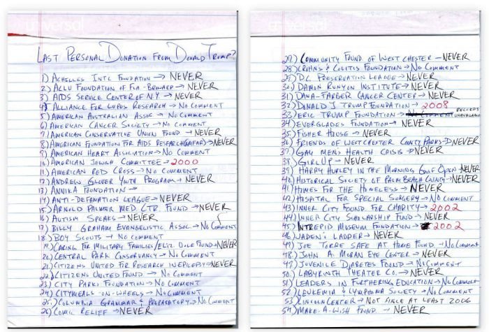 戴维德·埃·法伦胡德用纸记载的特朗普捐赠记录。