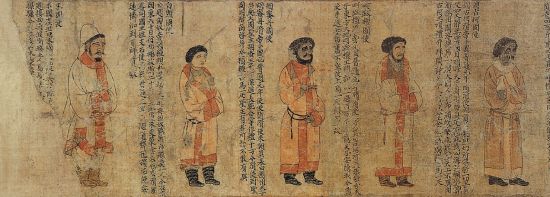 万邦来朝一直是天朝帝国的梦想。图为六世纪梁代的《职贡图》中描绘的各国贡。
