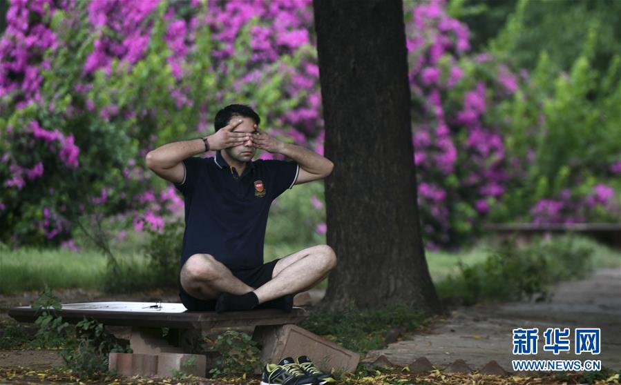 6月21日，一名男子在印度新德里练习瑜伽。 每年的6月21日被联合国大会定为国际瑜伽日。 新华社发（帕塔·萨卡尔摄）