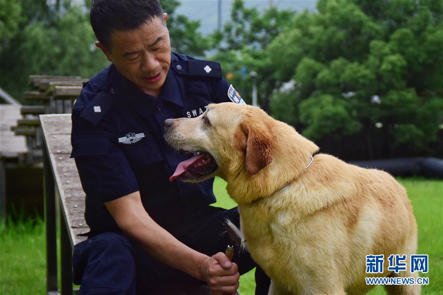 6月24日，缉毒犬“多多”完成训练后，与训导员周吉荣亲密互动。 新华社记者 郑梦雨 摄