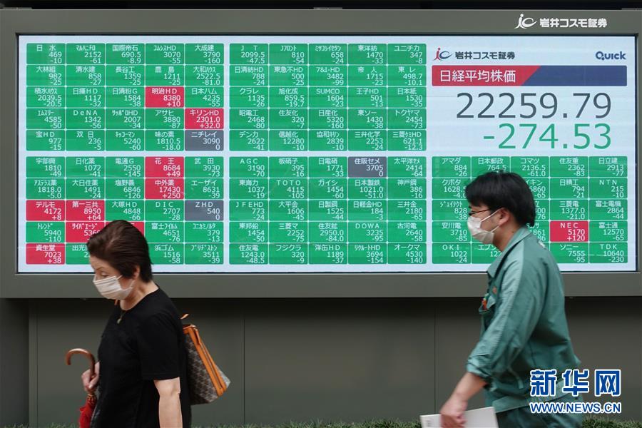 6月25日，在日本东京，戴口罩的行人走过一处电子股指信息显示屏。 受隔夜纽约股市全面下跌影响，东京股市25日低开低走，日经225种股票平均价格指数收盘时较前一交易日下跌1.22%。至收盘时，日经股指下跌274.53点，收于22259.79点；东京证券交易所股票价格指数下跌18.65点，收于1561.85点，跌幅为1.18%。 新华社记者杜潇逸摄