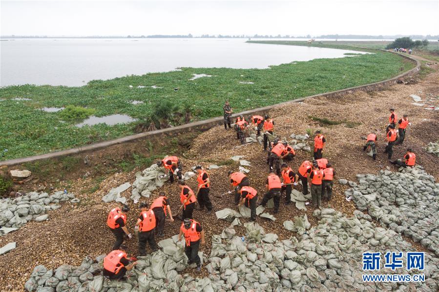 7月8日，在湖南津市涔澹农场沿岸，救援人员在装填石袋（无人机照片）。受连日强降雨和上游来水影响，7月8日16时，澧水津市站水位达到42.03米，超警戒水位1.03米，澧水支流涔水水位超警戒水位1.98米。武警湖南省总队常德市支队紧急出动官兵，装填石袋，加固河堤，处理渗水点，忙碌在抗洪抢险一线。新华社发（陈思汗 摄）
