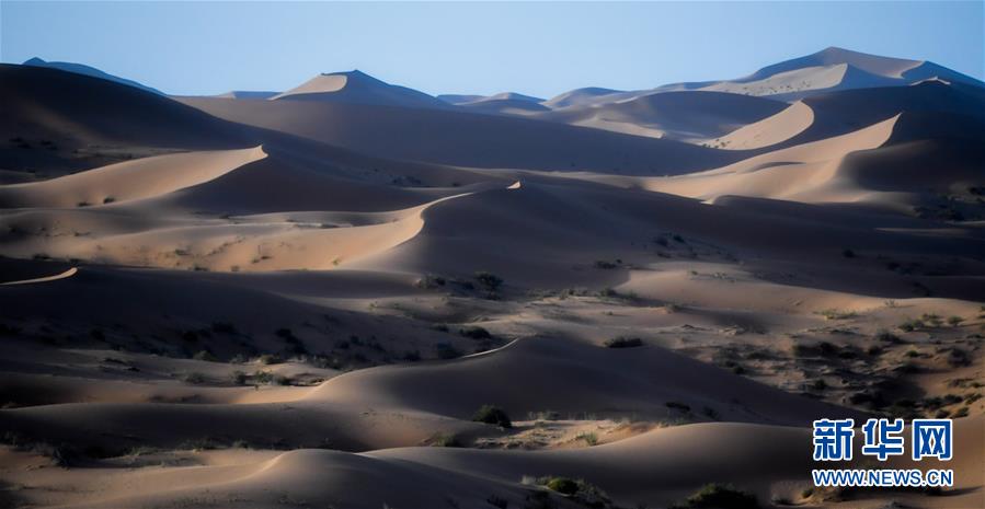 这是7月8日拍摄的腾格里沙漠风光。 位于内蒙古自治区阿拉善左旗西南部和甘肃省中部边境的腾格里沙漠是我国第四大沙漠，总面积约为4.3万平方公里。夏日傍晚，腾格里沙漠连绵的沙丘被日光勾勒出美丽的线条，美不胜收。 新华社记者 连振 摄