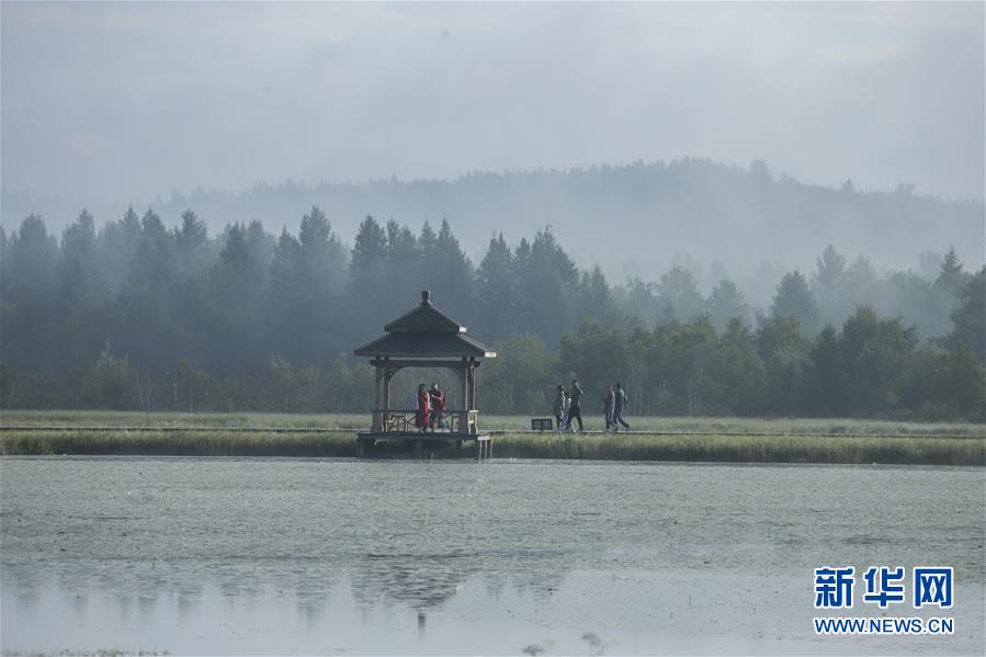 8月9日，游客在塞罕坝国家森林公园游玩。 清晨，位于河北省承德市的塞罕坝国家森林公园云雾缭绕，美景如画。 新华社发（刘满仓 摄）
