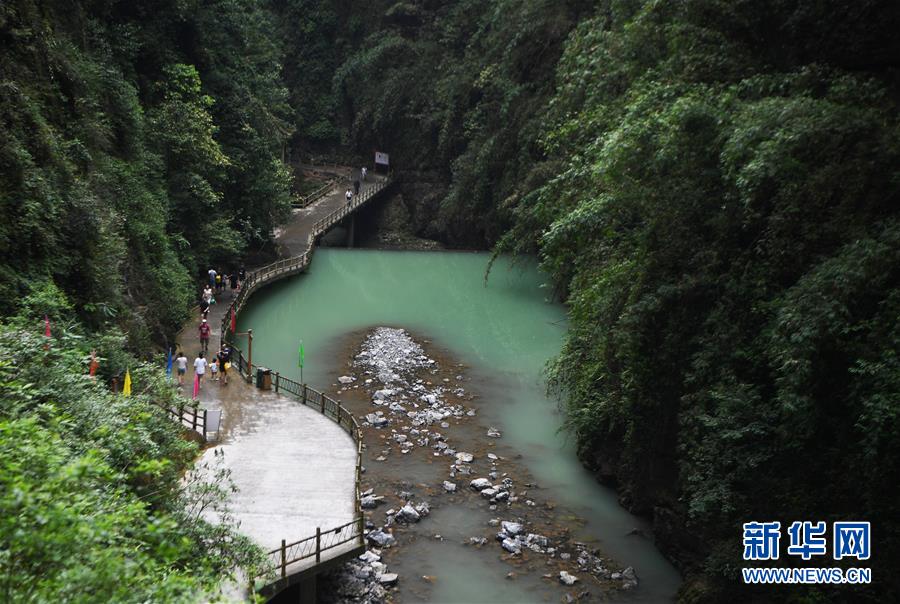 游客在阿依河景区游览（8月13日摄）。 阿依河景区地处重庆市彭水苗族土家族自治县，融山、水、林、泉、峡于一体，集雄、奇、险、秀、幽于一身。近年来，阿依河景区利用良好的自然条件和丰富的民俗文化，不断丰富旅游项目、改善旅游体验、拓展旅游业态，发展“美丽经济”。 新华社记者 王全超 摄