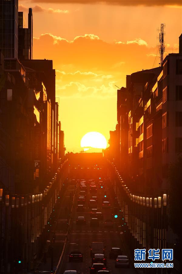 这是8月21日在比利时首都布鲁塞尔拍摄的落日景观。 当日，夕阳从布鲁塞尔法律大街上空缓缓下落，形成独特的落日景观。 新华社记者 张铖 摄