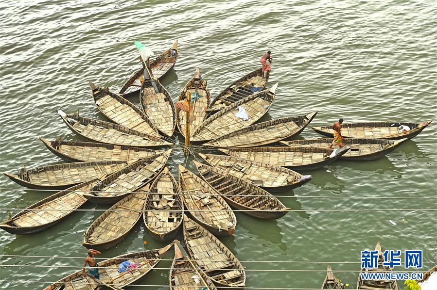9月8日，外形尖细的船只集中停泊在孟加拉国首都达卡的布里甘加河水面上，如同漂浮的花瓣组成花朵。 布里甘加河是流经达卡的重要河流，水上交通繁忙。 新华社发