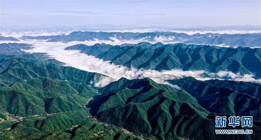9月17日无人机拍摄的陕西紫柏山国家森林公园。 雨后初霁，位于陕西省汉中市留坝县的紫柏山国家森林公园内云雾升腾，宛如画境。 新华社记者 刘潇 摄