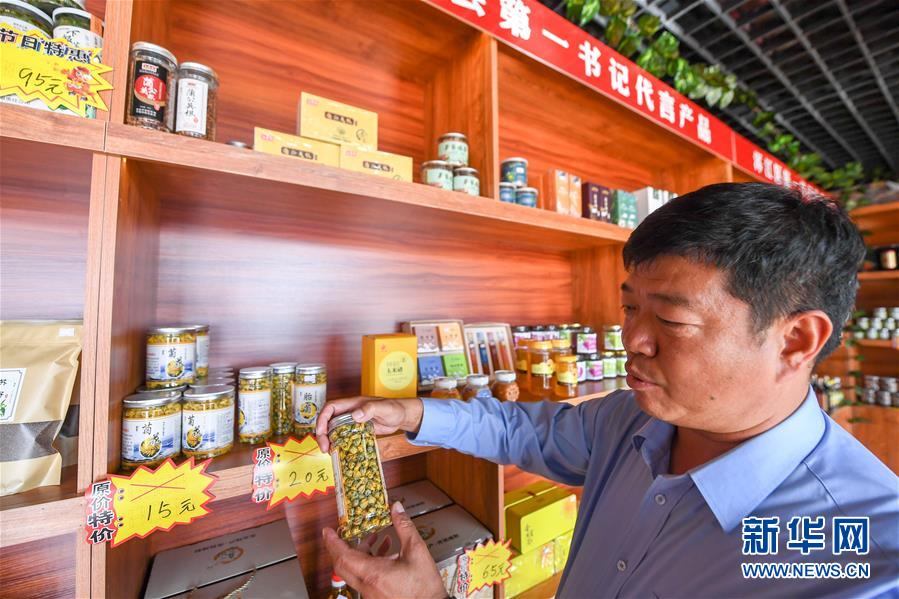 9月24日，在吉林省白山市“第一书记代言产品旗舰店”，继红村驻村第一书记王金波展示菊花产品。 吉林省白山市靖宇县三道湖镇继红村地处长白山区，人均耕地面积少，农民多以种植玉米、大豆等传统作物为生。2018年开始，脱贫攻坚驻村工作队进驻继红村，驻村第一书记王金波和工作队队员依托当地特有的山地气候，引进中药材种植项目。2020年，继红村种有五味子、贝母、紫苏、菊花、人参等中药材2000亩，包括种植示范户、农民专业合作社在内，共有一百余人加入到中药材种植产业中，人均增收超千元。 新华社记者 张楠 摄