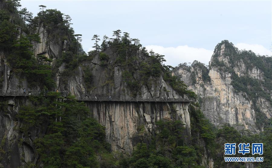 10月5日，游客在临安区大明山景区游玩。 中秋和国庆假期，不少游客来到浙江杭州临安区的山间游玩，和大自然亲密接触。 新华社记者 翁忻旸 摄