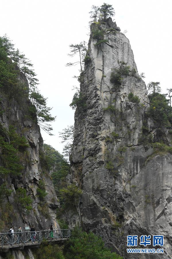 10月5日，游客在临安区大明山景区游玩。 中秋和国庆假期，不少游客来到浙江杭州临安区的山间游玩，和大自然亲密接触。 新华社记者 翁忻旸 摄