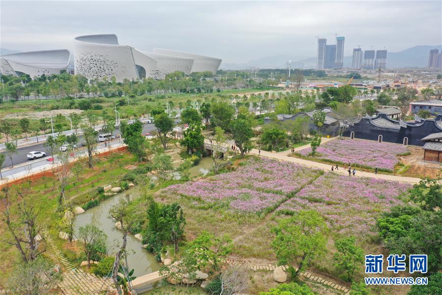 10月21日拍摄的梁厝特色历史文化街区（右）与海峡文化艺术中心（左）（无人机照片）。 梁厝特色历史文化街区位于福州仓山区城门镇梁厝村，近年来，当地依托梁厝村的历史文化底蕴，对村内古厝进行修缮保护，对村庄环境美化改造提升，打造成特色历史文化街区，带动乡村旅游产业发展。 新华社记者 林善传 摄