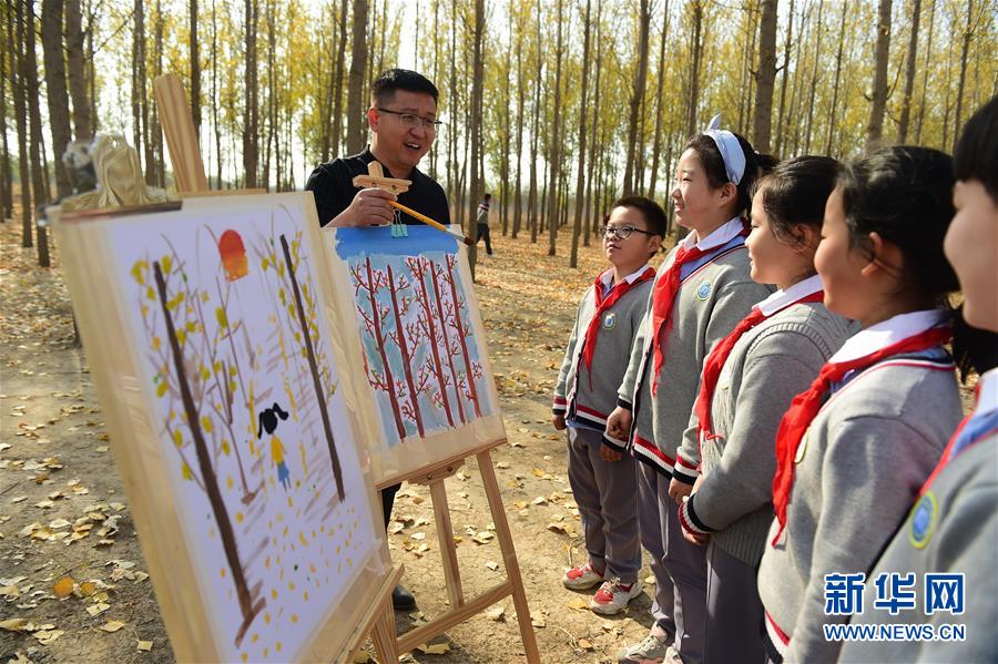 11月4日，沧州市实验小学的老师指导学生绘画。 深秋时节，河北省沧州市实验小学美术兴趣小组的学生在老师的带领下走出教室，走进大自然，以“多彩森林”为主题，用画笔描绘斑斓秋色。 新华社发（傅新春 摄）