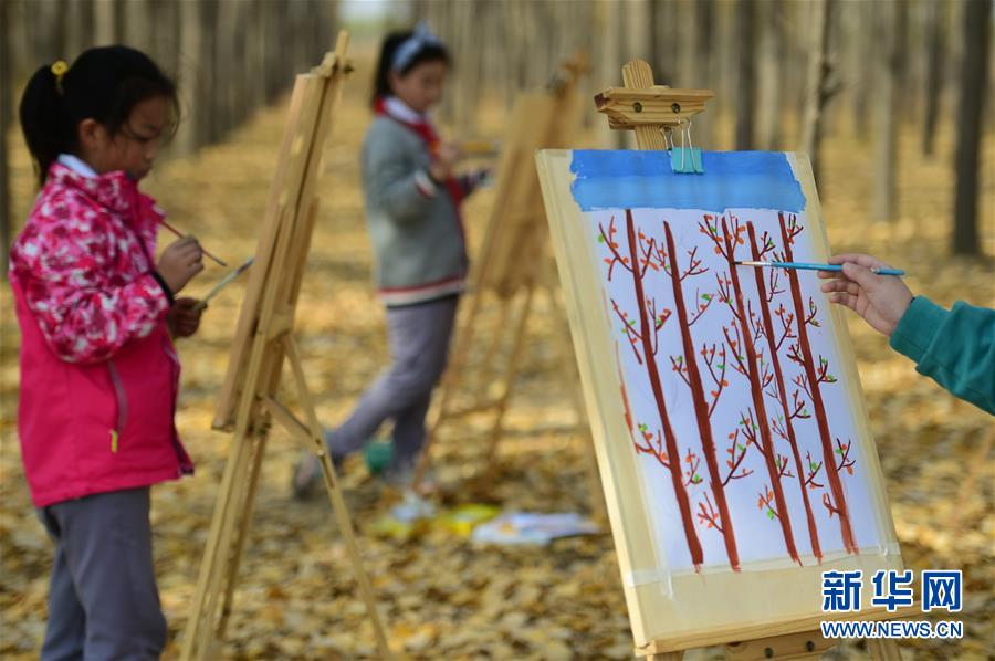 11月4日，沧州市实验小学学生在一处林地内绘画。 深秋时节，河北省沧州市实验小学美术兴趣小组的学生在老师的带领下走出教室，走进大自然，以“多彩森林”为主题，用画笔描绘斑斓秋色。 新华社发（傅新春 摄）