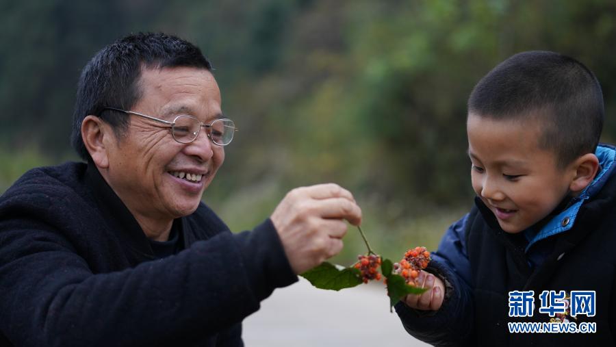 午饭后，江国南（左）在散步途中给江昊天讲解野果知识（12月3日摄）。新华社记者 胡晨欢 摄