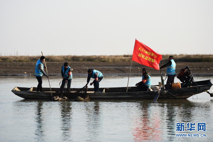 12月16日，蔡小华（左一）和队员们在石臼湖上清理废弃的渔网。今年36岁的蔡小华曾是安徽省马鞍山市博望区的一名渔民，跟随父辈在石臼湖上捕鱼，直到2019年退捕上岸，告别水上生活。今年8月，博望区石臼湖自然保护区管理站成立护鱼队，蔡小华应聘上岗成为护鱼队的队长。清理湖面垃圾、拆除废弃渔网、劝阻违法行为，昔日的捕鱼人成了护鱼员。新华社记者 黄博涵 摄