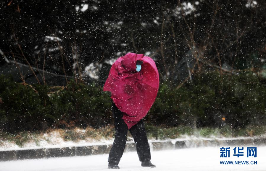 12月29日，在山东省临沂市郯城县街头，一名行人在风雪中艰难前行，雨衣被大风吹起。当日，入冬最强寒潮来袭，多地迎来降雪天气。新华社发（王彦冰 摄）