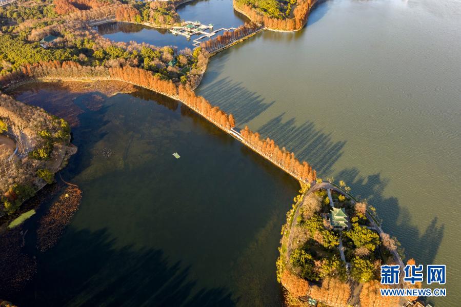 12月30日拍摄的武汉东湖听涛景区风光（无人机照片）。当日，武汉市雪后放晴，东湖景色美丽如画。新华社记者 杜华举 摄