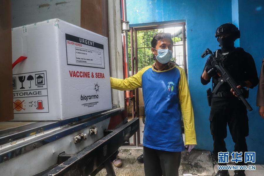 1月4日，在印度尼西亚东爪哇省泗水市，工作人员搬运新冠疫苗。自1月4日起，印尼卫生部开始向全国34个省级行政区分发由中国科兴公司研制的新冠疫苗。新华社发（苏尔亚摄）