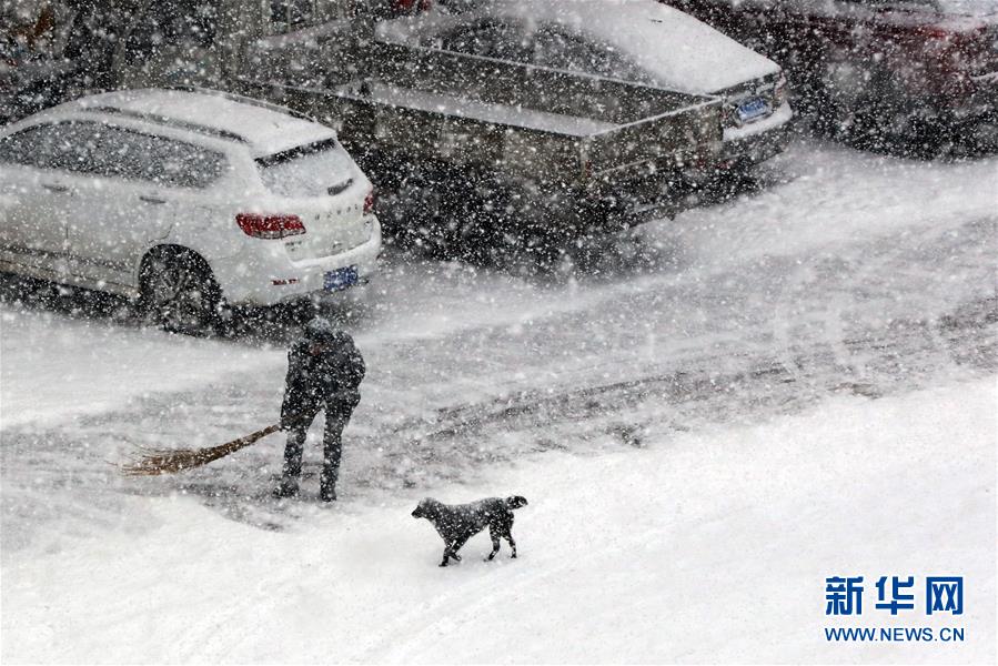 1月5日，山东烟台街头，一名市民在雪中清扫路面。 当日是小寒节气，受强冷空气影响，山东烟台迎来降雪。 新华社发（周洪洋 摄）