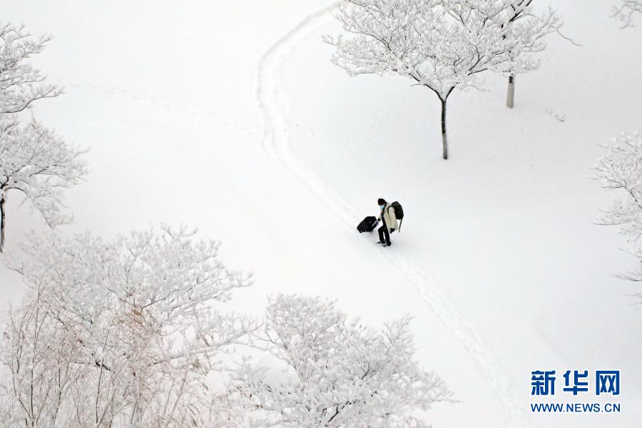 1月7日，在山东烟台街头，市民踏雪出行。受寒潮影响，山东烟台部分地区出现暴雪天气。新华社发（唐克 摄）