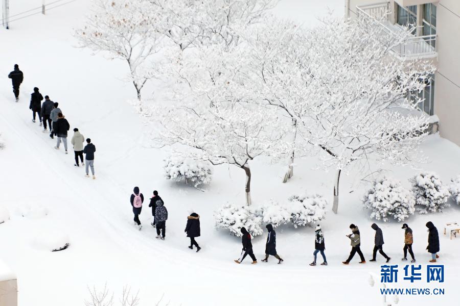 1月7日，在山东烟台理工学院，学生们踏雪出行。受寒潮影响，山东烟台部分地区出现暴雪天气。新华社发（唐克 摄）