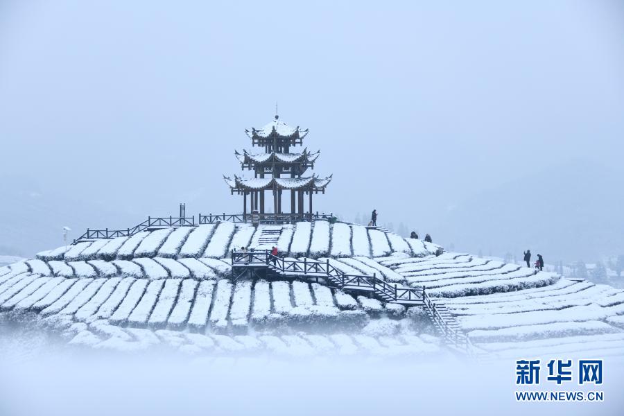 1月7日，游客在宣恩县万寨乡伍家台村欣赏茶山雪景。当日，湖北省恩施土家族苗族自治州宣恩县迎来降雪，白雪覆盖的茶园和村庄宛如画卷。新华社发（宋文 摄）