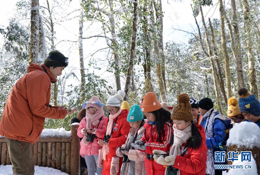 1月13日，熊猫森林国际探索学校的刘天奇老师教孩子们使用指北针，学习野外方向识别技能。新华社记者 刘梦琪 摄