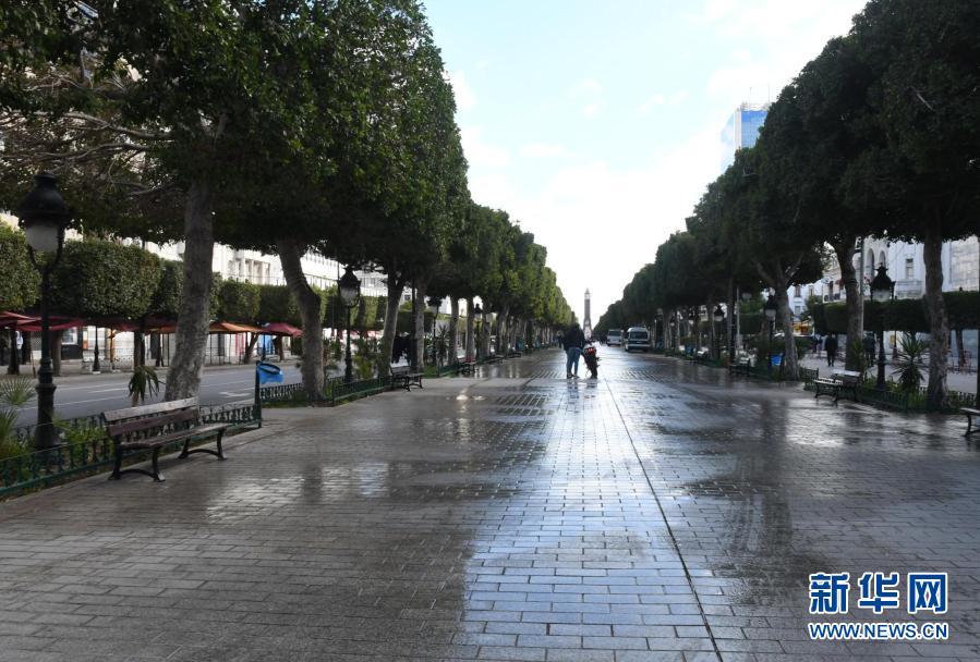 1月14日，突尼斯首都突尼斯市街头人烟稀少。新华社发（阿代尔 摄）