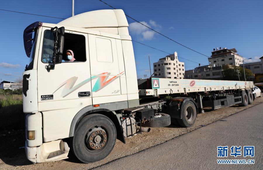 　　3月7日，49岁的巴勒斯坦妇女莉娜·穆萨弗在约旦河西岸城市图勒凯尔姆驾驶拖挂货车。新华社发（艾曼·诺巴尼摄）