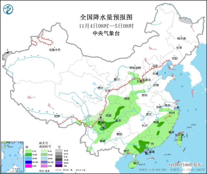 全国降水量预报图(11月4日08时-5日08时) 全国降水量预报图(11月4日08时-5日08时)