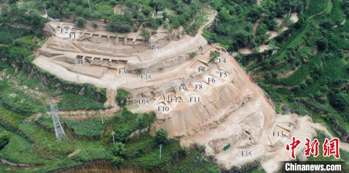 山西省考古人员在吕梁市发现黄河中游地区时代最早成排分布土构窑洞，图为发掘区全景。　山西省考古研究院供图