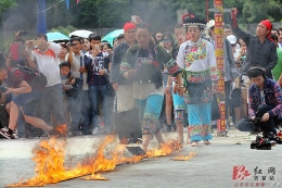 吉首苗乡欢度“四月八” 惊险上演踩火犁上刀山