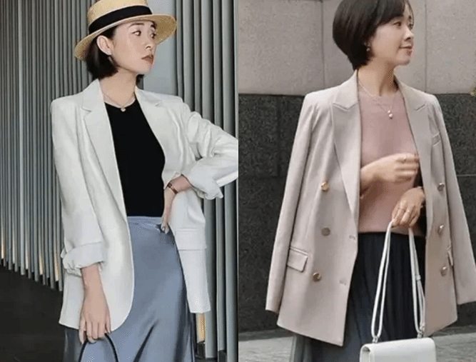熟龄女人穿西装别总搭小白裤 换上半裙更显贵