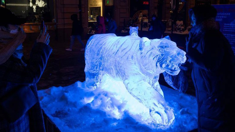 芬兰“虎年”主题冰雕喜迎中国春节