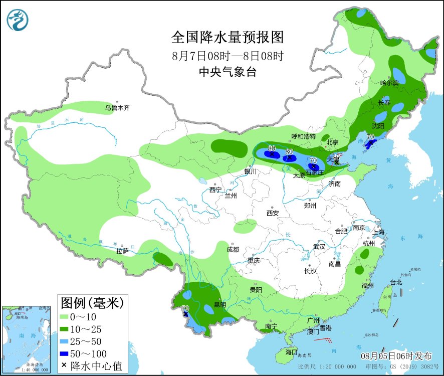 　　全国降水量预报图(8月7日08时-8日08时)