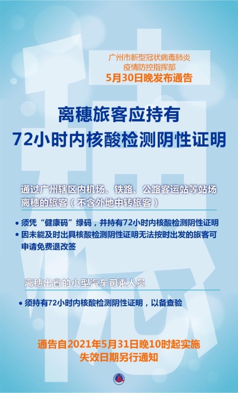 广州：离穗旅客应持有72小时内核酸检测阴性证明