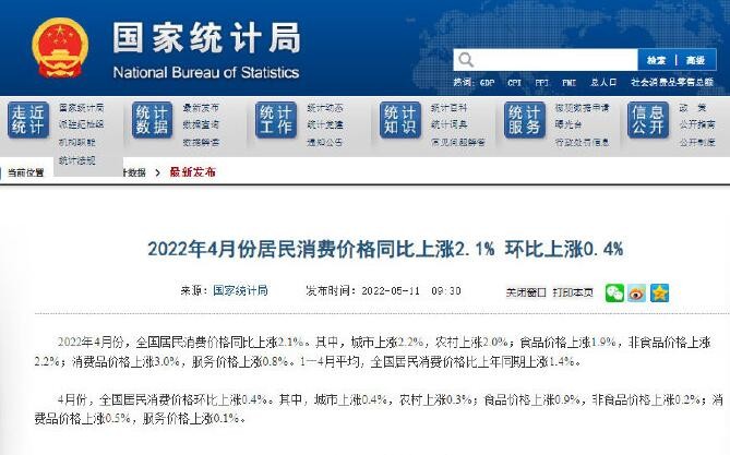 国家统计局：4月份居民消费价格同比上涨2.1%