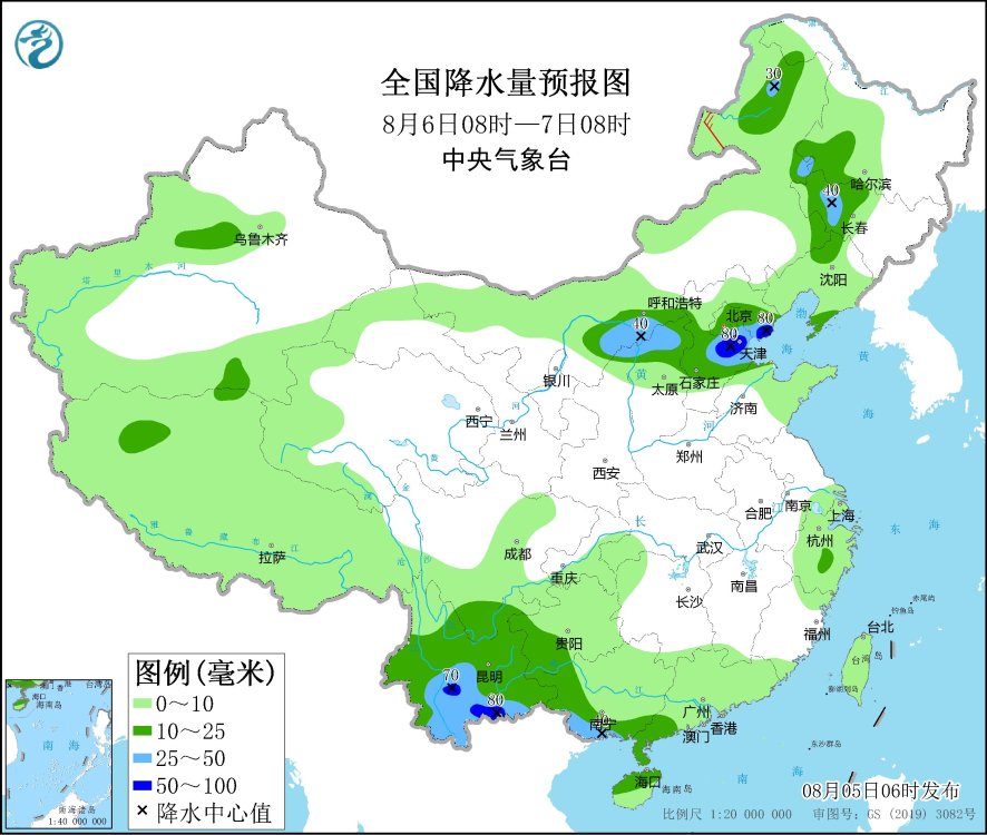 　　全国降水量预报图(8月6日08时-7日08时)