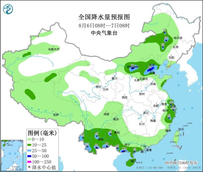 全国降水量预报图(8月6日08时-7日08时) 全国降水量预报图(8月6日08时-7日08时)