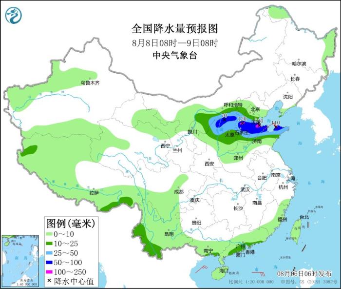 全国降水量预报图(8月8日08时-9日08时) 全国降水量预报图(8月8日08时-9日08时)