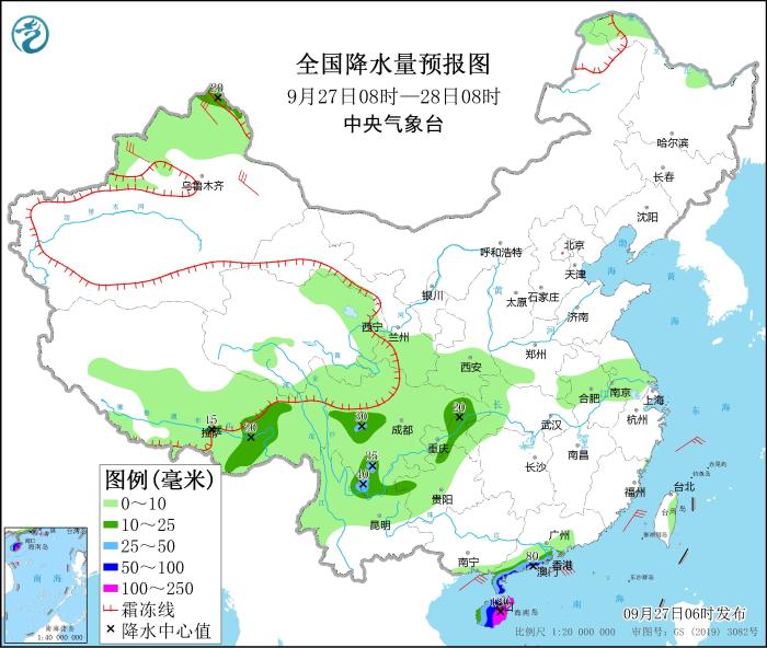 全国降水量预报图(9月27日08时-28日08时) 全国降水量预报图(9月27日08时-28日08时)