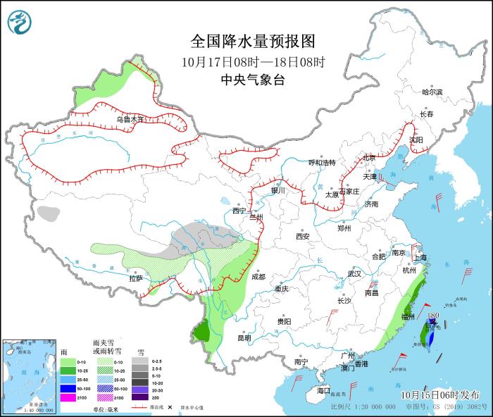 全国降水量预报图(10月16日08时-17日08时)。 全国降水量预报图(10月16日08时-17日08时)。