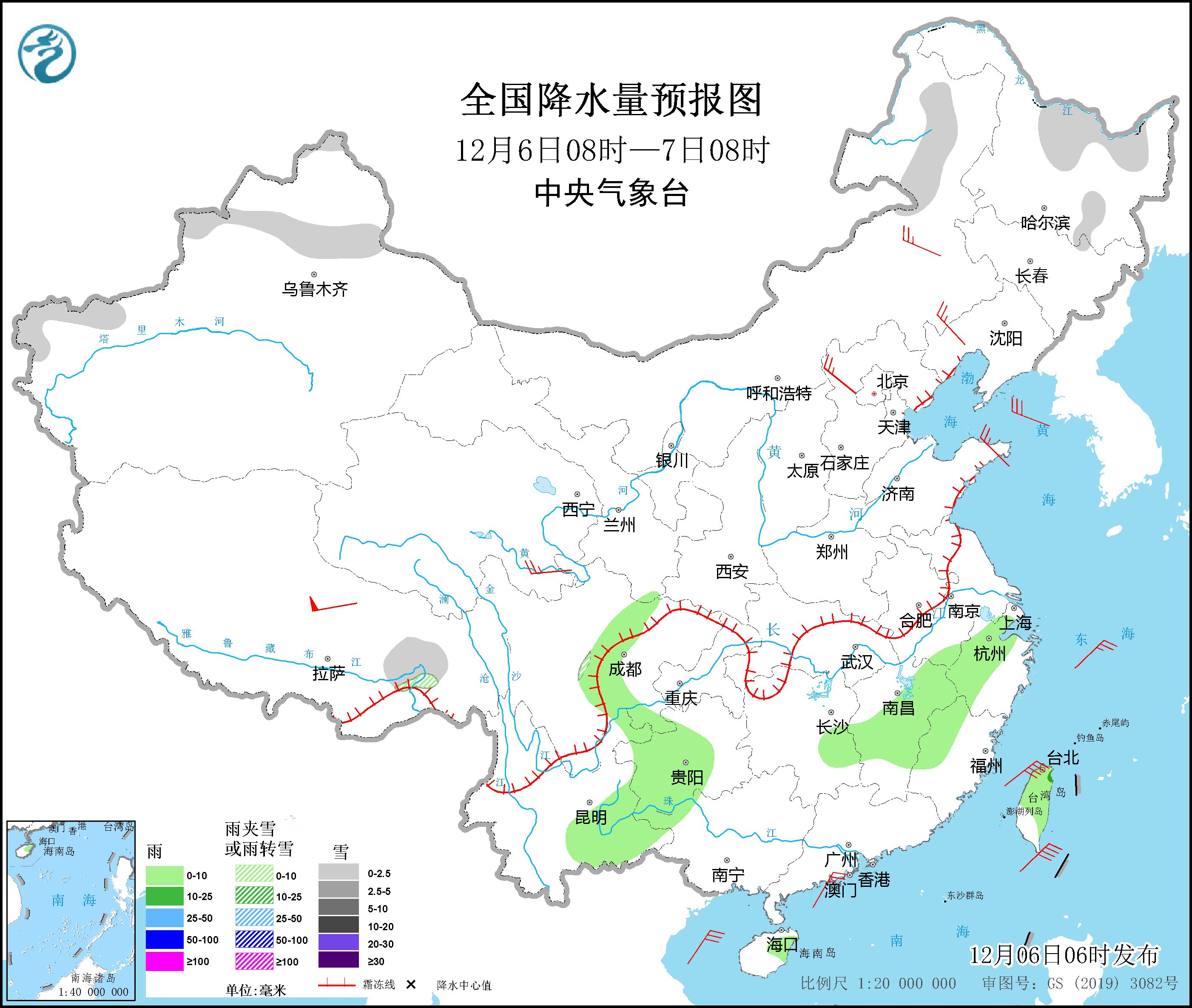 　　全国降水量预报图(12月6日08时-7日08时)